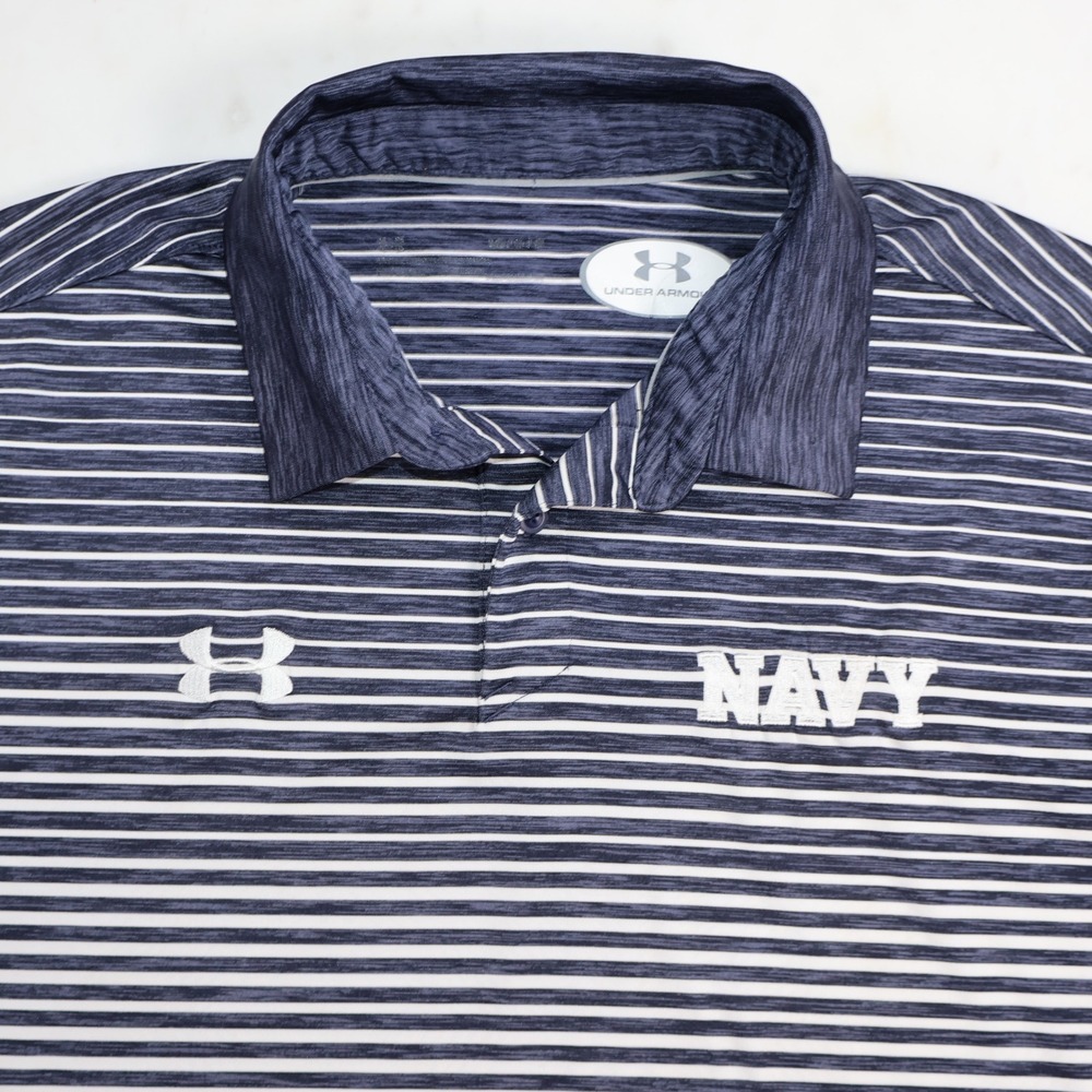 Under Armour Navy Midshipmen Mens Large Striped Polo Shirt Blue White